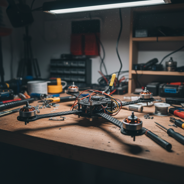 Drone frame assembly on workbench, carbon fibre arms and motor mounts at WEBUILDPRO Bangalore workshop
