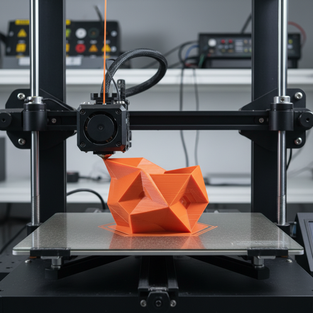 3D printer in operation with orange filament at WEBUILDPRO industrial prototyping lab in Bangalore