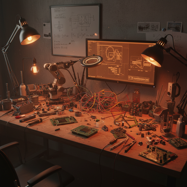 Engineer working at electronics lab bench with oscilloscope at WEBUILDPRO Bangalore facility