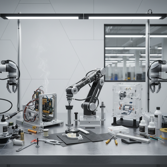 Robotic arm steel components laid out on engineering workbench at WEBUILDPRO Bangalore