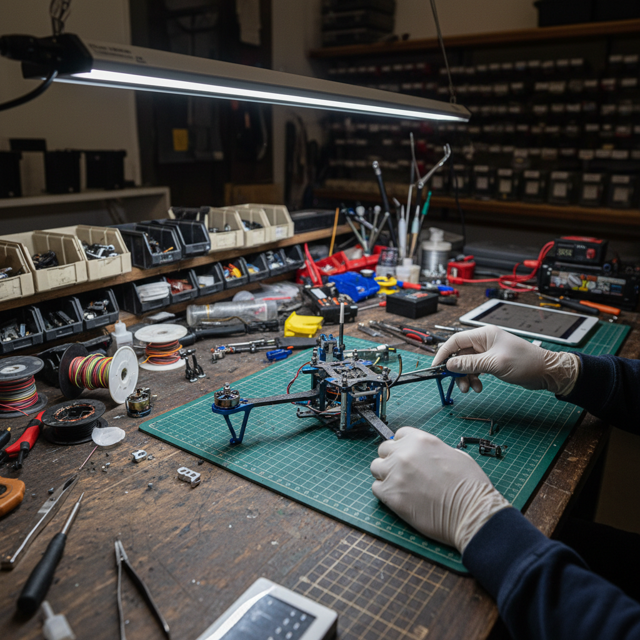 Quadcopter drone frame assembly on workbench at WEBUILDPRO engineering lab in Bangalore